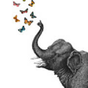Elephant Blowing Butterflies Poster