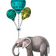 Elephant Holding Blue And Yellow Balloons Poster