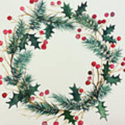 Evergreen And Holly Wreath Poster