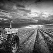 Farmall Tractor With Field Furrows And Sunburst Sky In Black And Poster