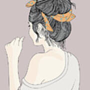 Fashion Girl With Pretty Hairstyle - Line Art Graphic Illustration Artwork Poster