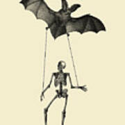 Flying Bat With Skeleton On A String Poster
