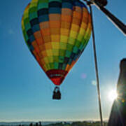 Flying Hot Air Balloon With Sunburst Poster