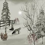 Foxes Near The Corral Winter Morning B W Poster