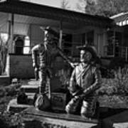 Frank And Jesse James Statues At Meramec Caverns On Historic Route 66 In Black And White Poster