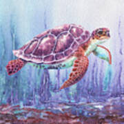 Giant Baby Turtle Under The Purple Sea Watercolor Poster
