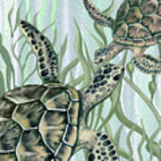 Giant Turtles Swimming In The Seaweed Under The Ocean Watercolor Painting Iv Poster