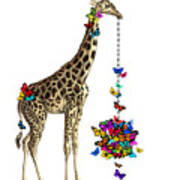 Giraffe With Colorful Rainbow Butterflies Poster