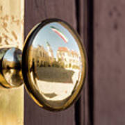 Golden Doorknob Reflecting The Historical Inner Town Of Sopron Poster