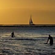 Golden Sunset Waterplay Kauai Island Poster