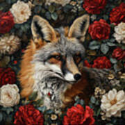Gray Fox And Roses Poster