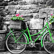 Green Bicycle With Flowers Poster