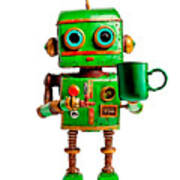 Green Robot With Coffee Cup 3 Poster