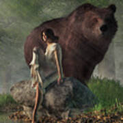 Grizzly Bear And Girl In A Nightgown Poster