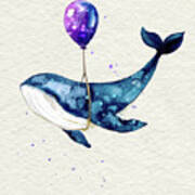 Humpback Whale With Purple Balloon Watercolor Painting Poster