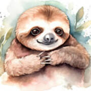 Illustration Of Watercolor Cute Baby Sloth, Poster