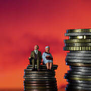 Income Tax Campaign Spain. Old Couple Sitting On Coin Stack.. Declaracion De La Renta. Macro Poster