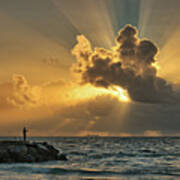Jupiter Inlet Fishing At Beach With Sunrays Poster
