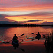 Kayaks At Red Sunset Poster