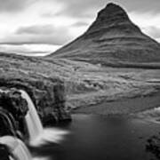 Kirkjufell Mountain Waterfalls In Snaefellsnes Peninsula Grundarfjorour Iceland Black And White Poster