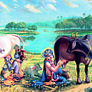 Krishna Balaram Milking Cows Poster