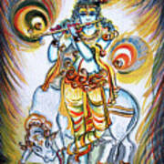 Krishna - Flute - Cow Poster