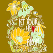 Let Your Heart Bloom - Mint Green And Yellow And White Line Art Poster