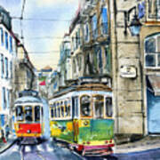 Lisbon Trams At Rua Da Madalena Poster