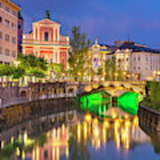 Ljubljanica River And The Triple Bridge At Night, Slovenia Poster
