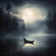 Lone Boat In A Moonlit Mist Poster