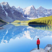 Lone Hiker At Moraine Lake, Canadian Rockies Poster