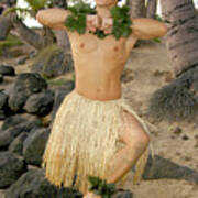 Male Hula Dancer Poses In Front Of Palm Trees On The Beach. Poster