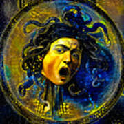 Medusa By Caravaggio - Starry Blue With Yellow Digital Recreation Poster