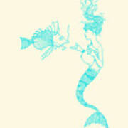 Mermaid With Fish Line Art Poster