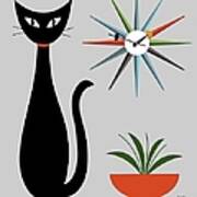 Mid Century Cat With Starburst Clock On Gray Poster