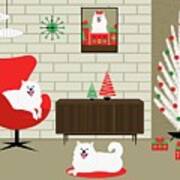 Mid Century Christmas Room Two White Dogs Poster