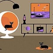 Mid Century Outer Space Room With Black Cats Poster