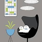 Mid Century White Dogs In Black Egg Chair Poster