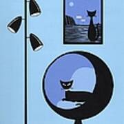 Mini Space Cat Black Ball Chair Poster