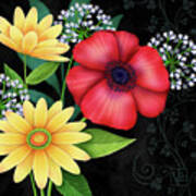 Mixed Flowers On Black Poster