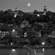 Moonset  Navesink Twin Lights Bw Poster