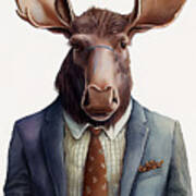 Moose In Suit Watercolor Hipster Animal Retro Costume Poster