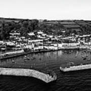 Mousehole Fishing Village Harbour Aerial Black And White 2 Poster