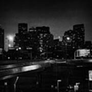 Night Silhouette Of Boston Massachusetts Downtown Skyline Noir Black And White Poster