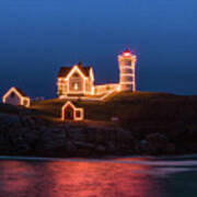 Nubble Lighthouse With Christmas Lights Poster