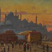 Odoardo Toscani Rome 1859 - 1914 Smyrna, Turkey , Constantinople, A View Of The Galata Bridge At Sun Poster