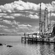 Old Shrimp Boats In The Harbor Black And White Poster