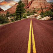 On The Road In Zion At Sunset, Utah, Usa Poster