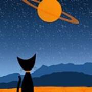 Outer Space Cat Admires Ringed Planet 2 Poster