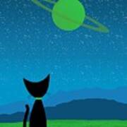 Outer Space Cat Admires Ringed Planet 3 Poster